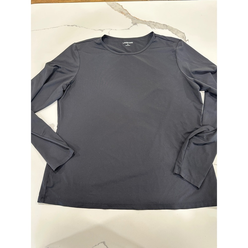 Lands End Womens Black Long Sleeve Crewneck Top Swim Athletic Size L 14-16